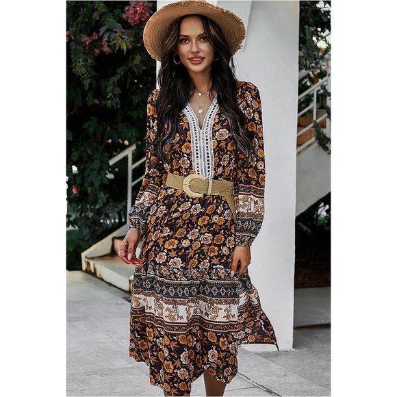 Boho Black Floral Print Lace Midi Dress - Picture 1 of 7